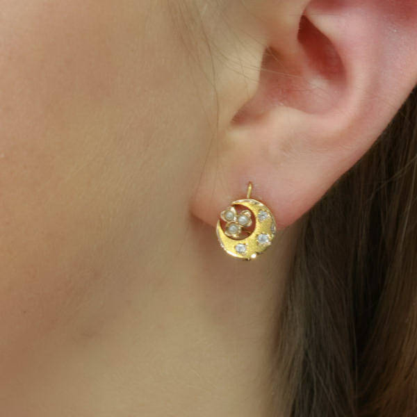 Gold Victorian earrings with old mine cut diamonds and half seed pearls